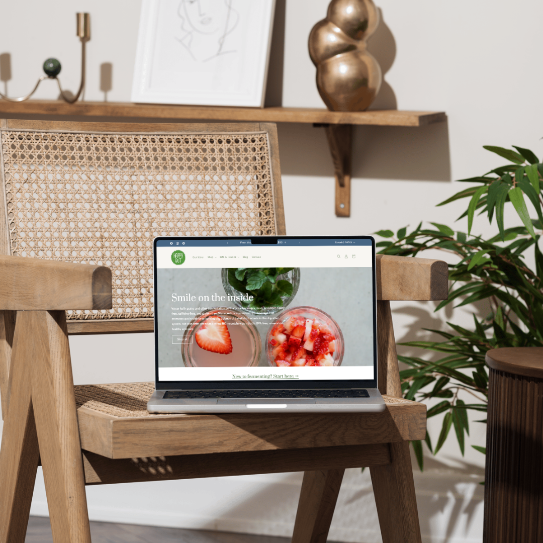 Laptop displaying a website about fermented foods on a wooden chair, with plants and home decor in the background.