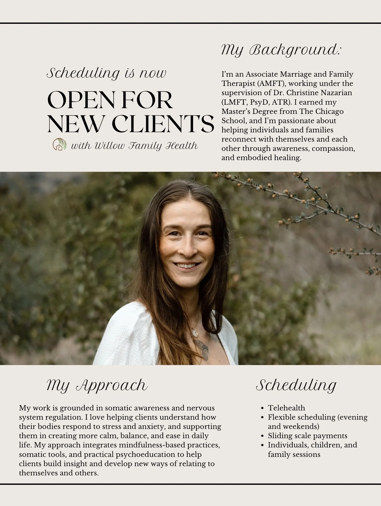 I’m happy to say that I’m kindly accepting new therapy clients in California, through the wonderful @willowfamilyhealth💛
For all inquiries, I would love to connect with you directly via my email (aslijepcevic@willowfamilyhealth.org); or