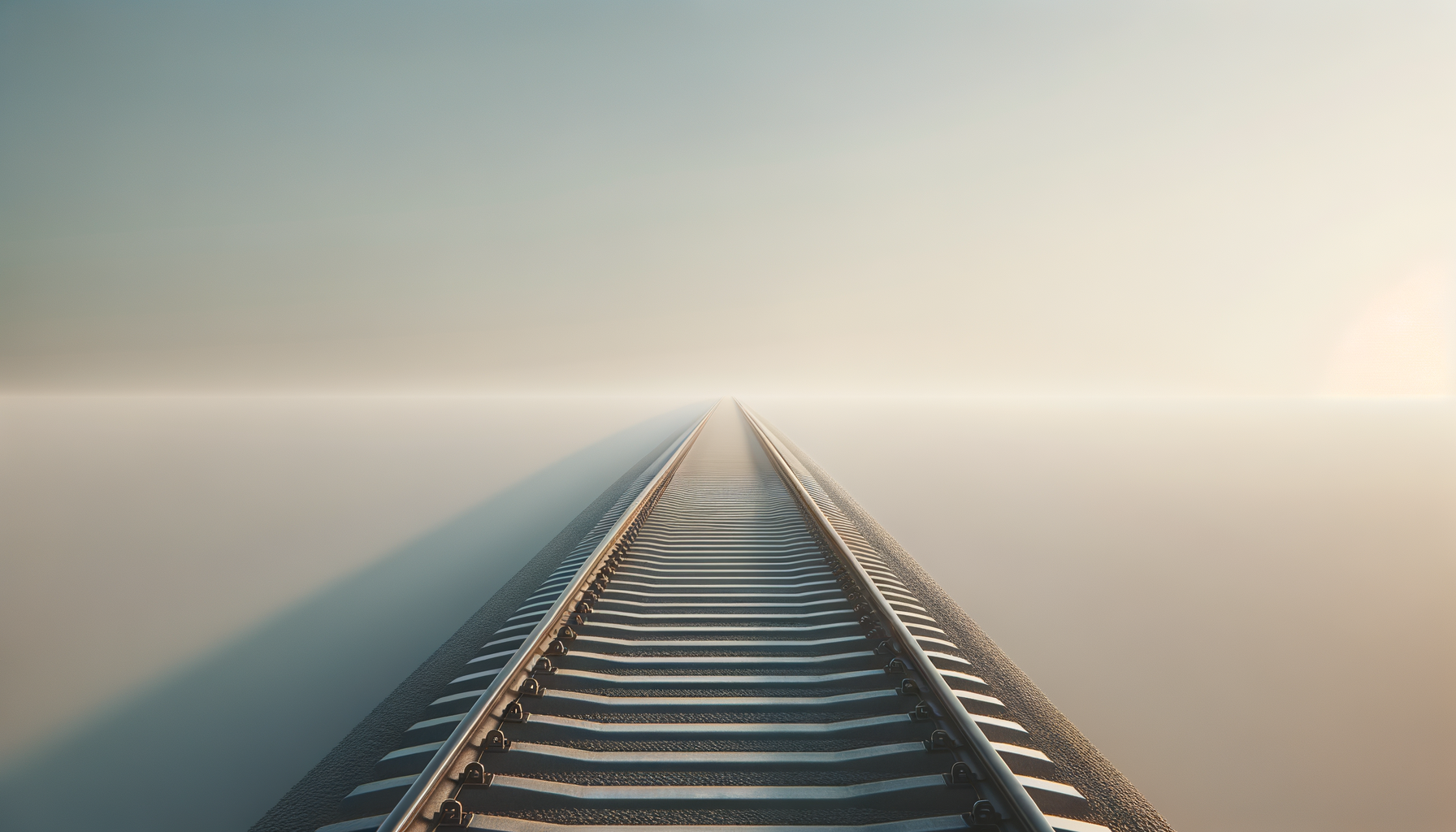 A railway track extending into the foggy horizon with a surreal, minimalistic landscape and soft light.