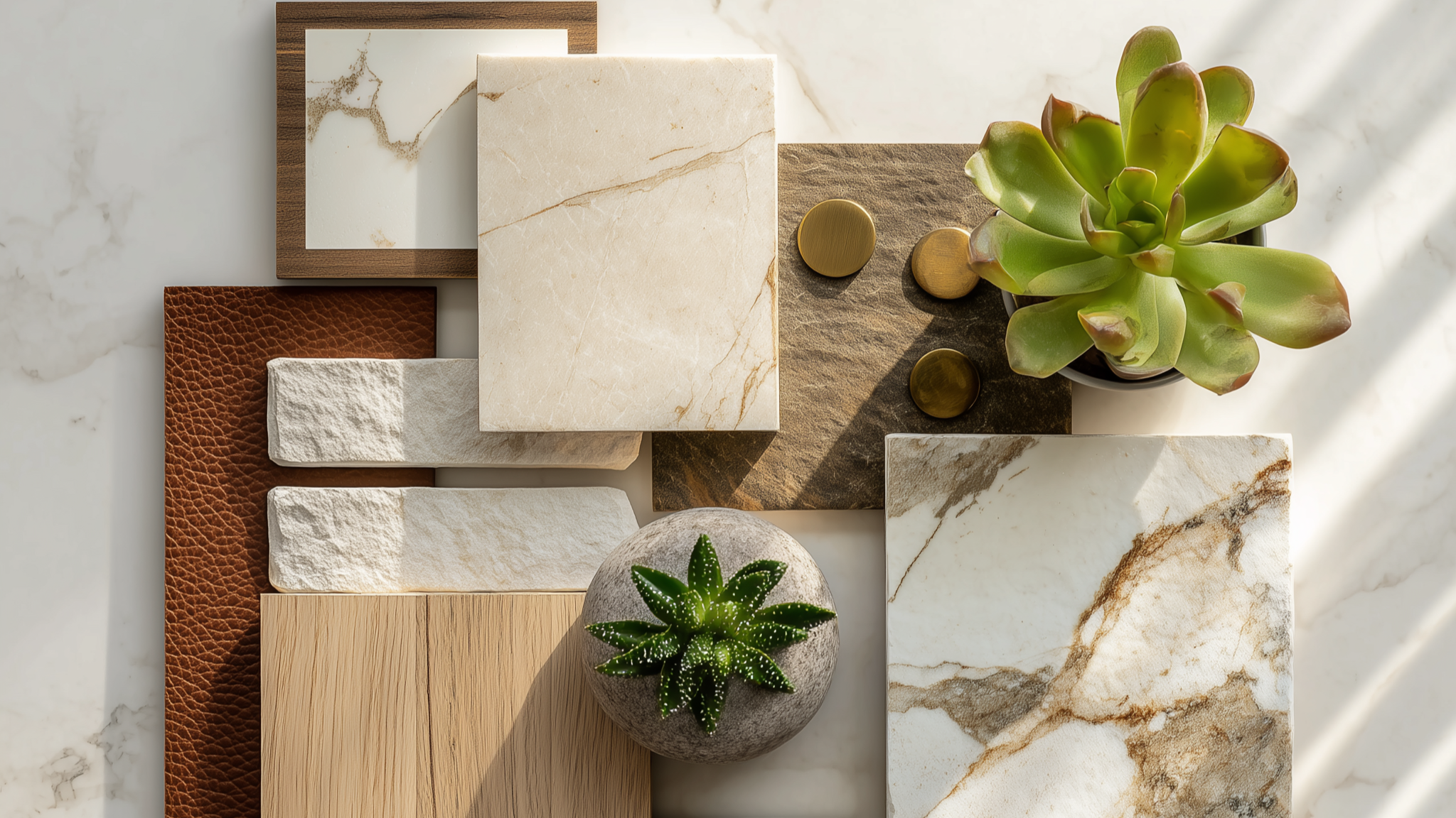 Moodboard of various tiles, potted succulents, and decorative objects on a marble surface with natural sunlight.