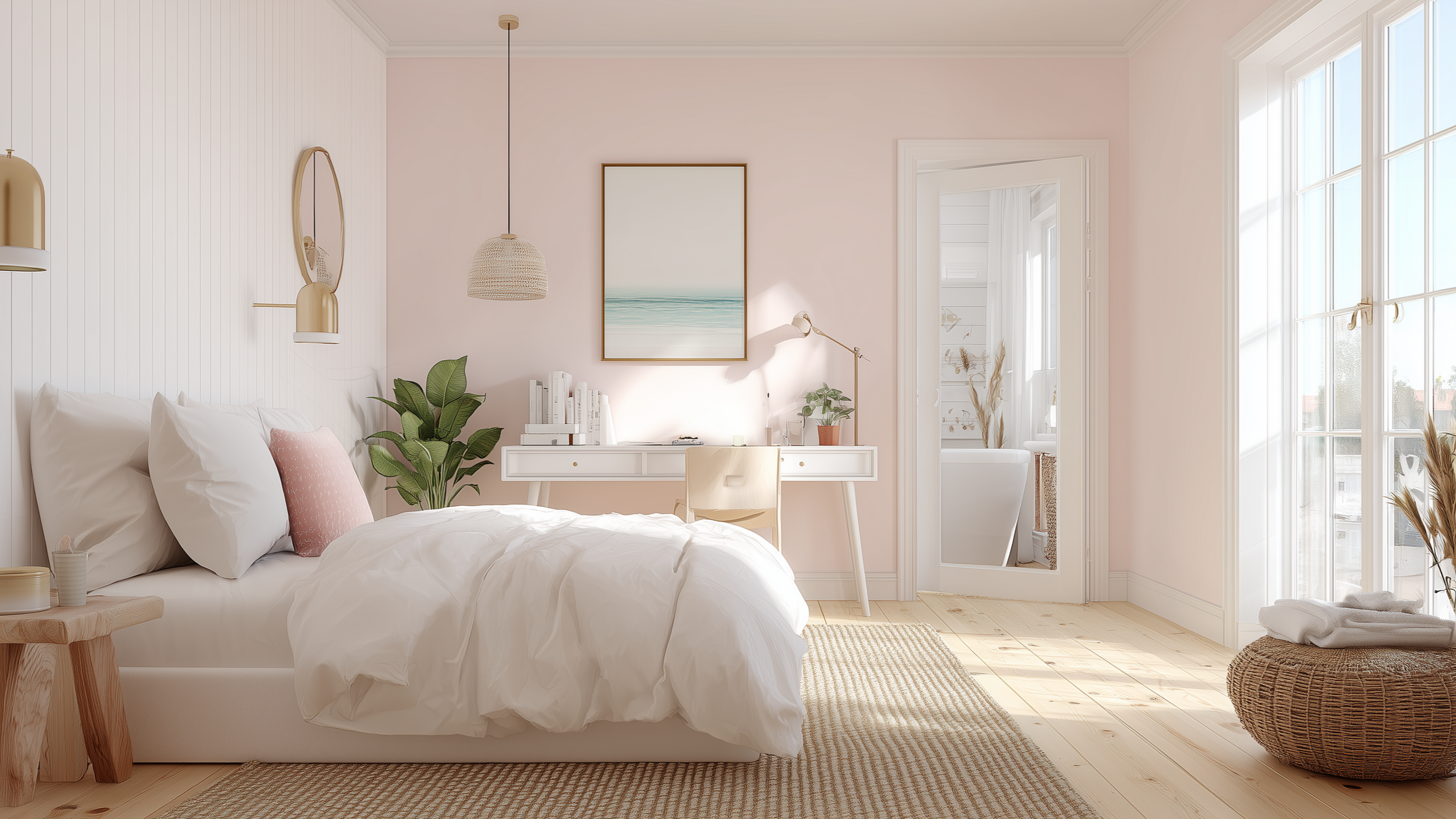 AI Generated Dreamy Teen Bedroom using painted plank walls, white oak floors, vibrant brass fixtures and sun-filled walls.