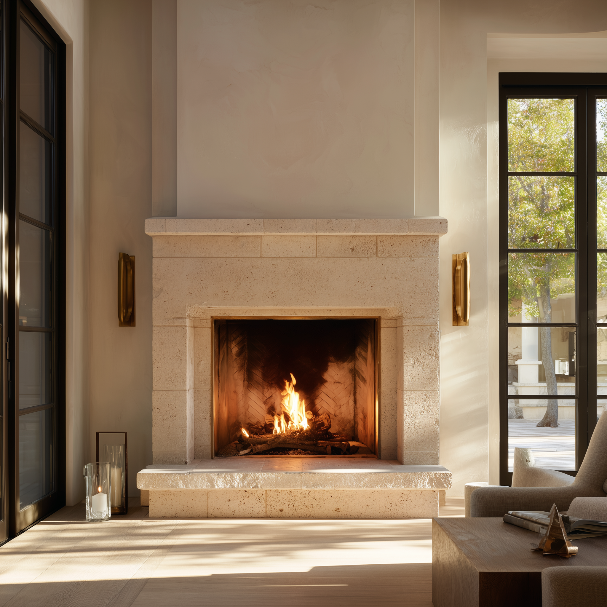 A modern living room with a fireplace lit, sunlight streaming in through large black-framed glass doors, and a cozy armchair with a coffee table nearby.