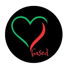 Black circle with a green and red heart outline and the word 'based' written in red at the bottom.