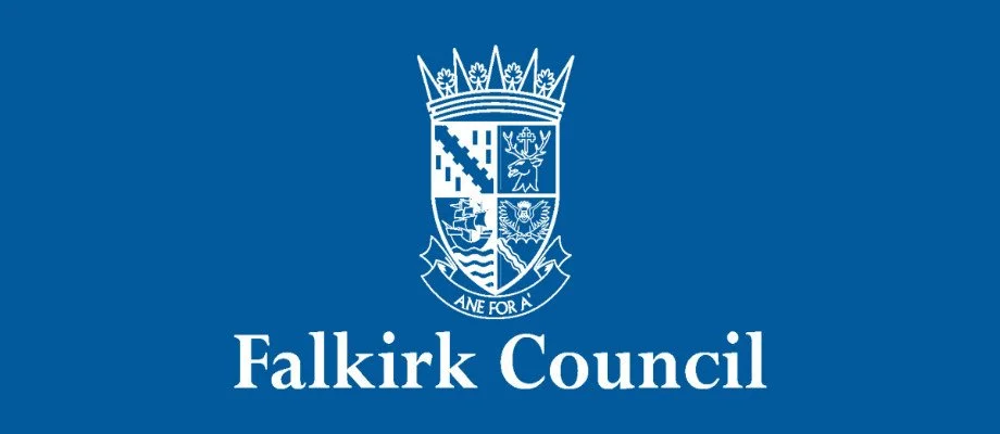Logo of Falkirk Council with a crest and the words "ANE FOR A'" on a blue background.