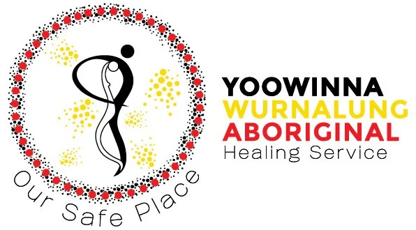 Logo for Yoowinna Wurnalung Aboriginal Healing Service with a stylized figure and dotted circle. Text reads "Our Safe Place."