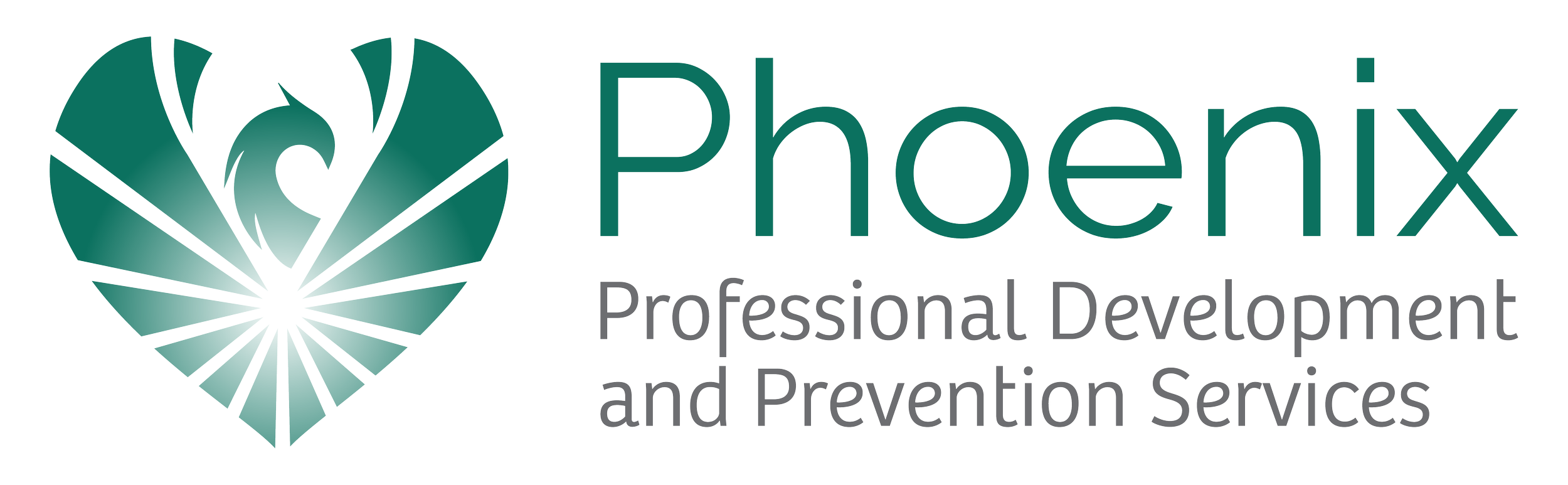 Phoenix logo with heart-shaped phoenix graphic and text 'Professional Development and Prevention Services' in green and gray.