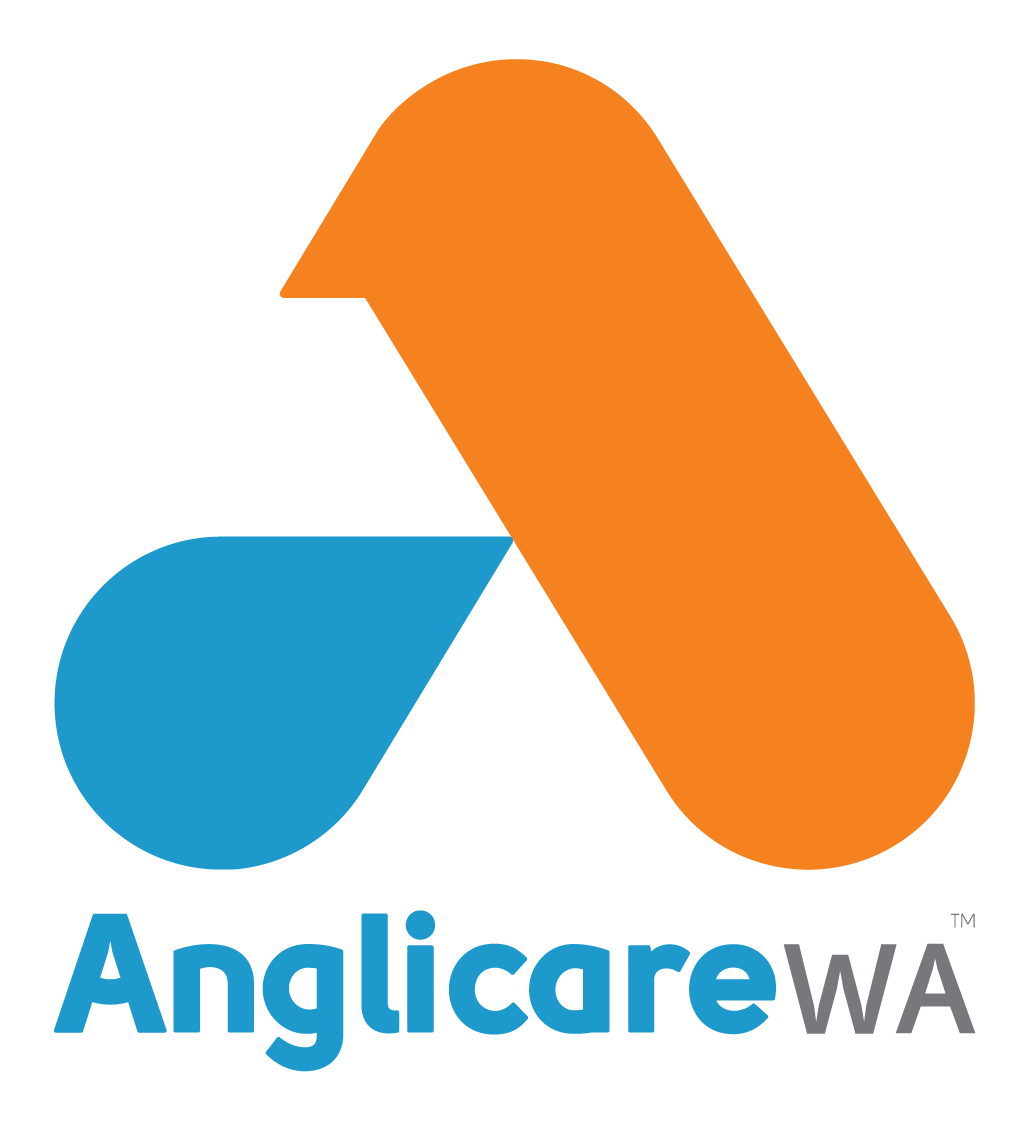 Anglicare WA logo with orange and blue shapes.