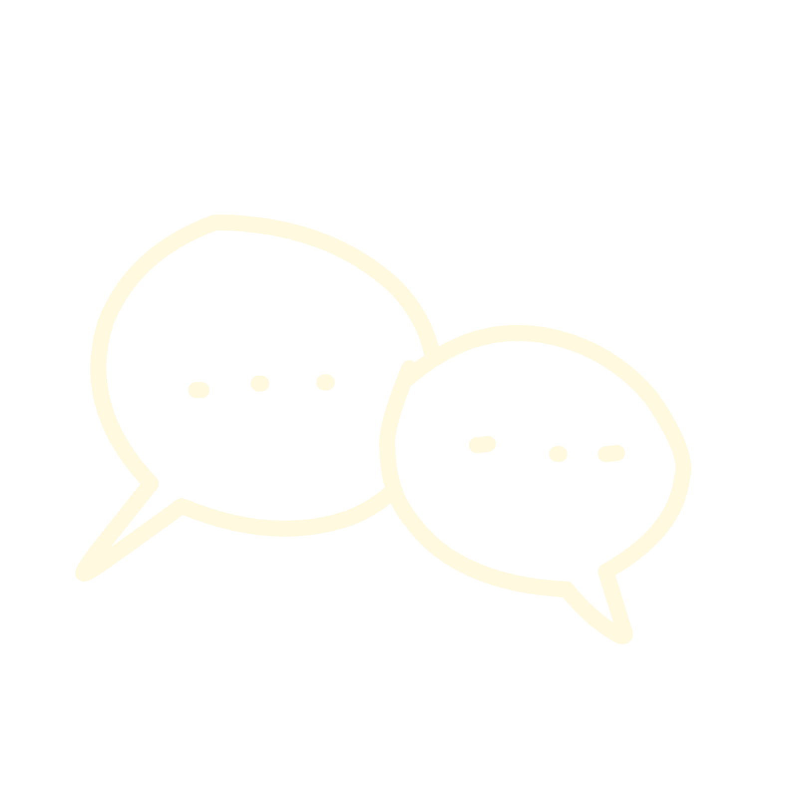 Line drawing of two speech bubbles with dot ellipses inside, representing conversation or messaging.