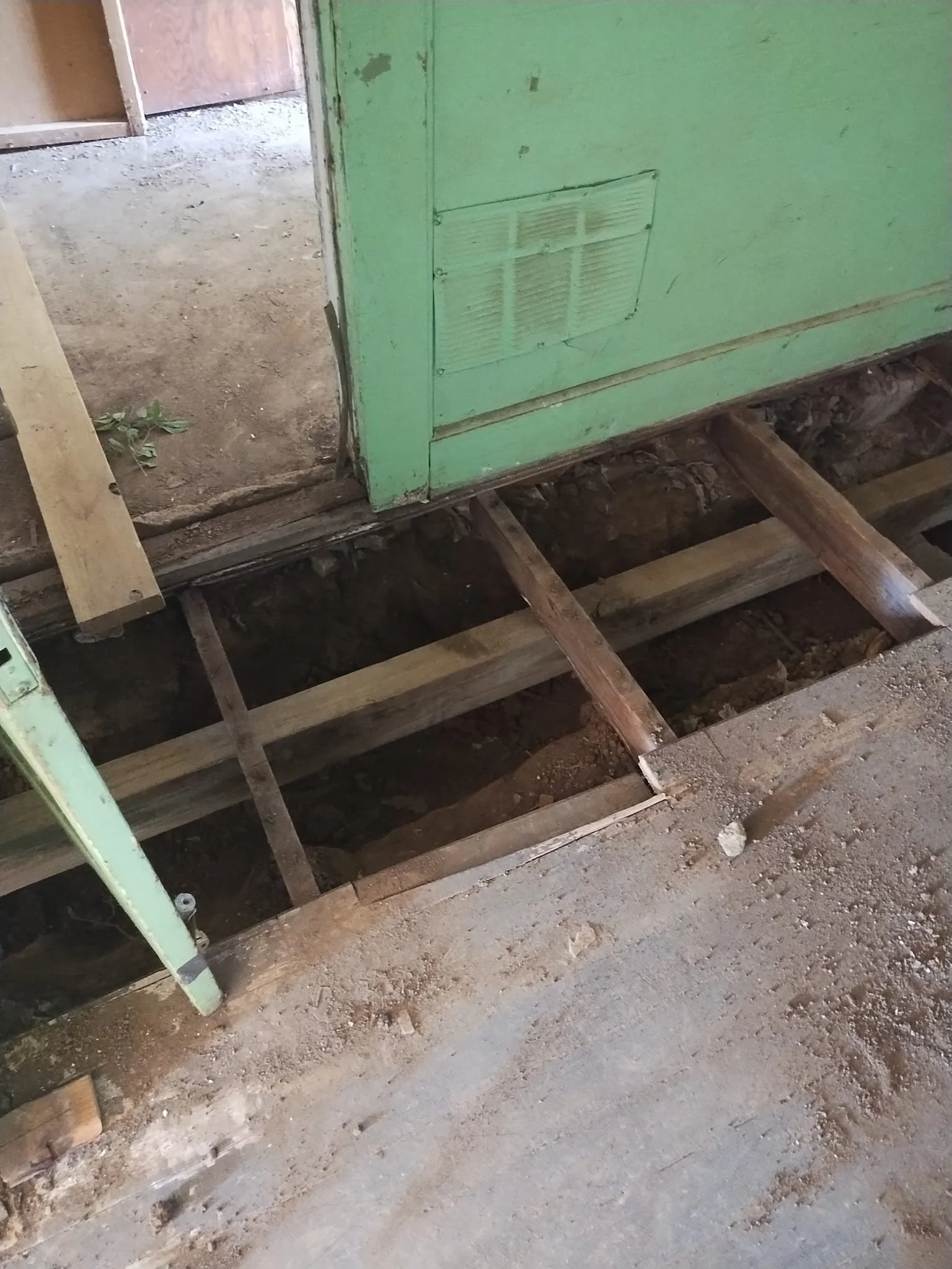 Open floor under a green wall, exposing wooden floor joists and dirt.