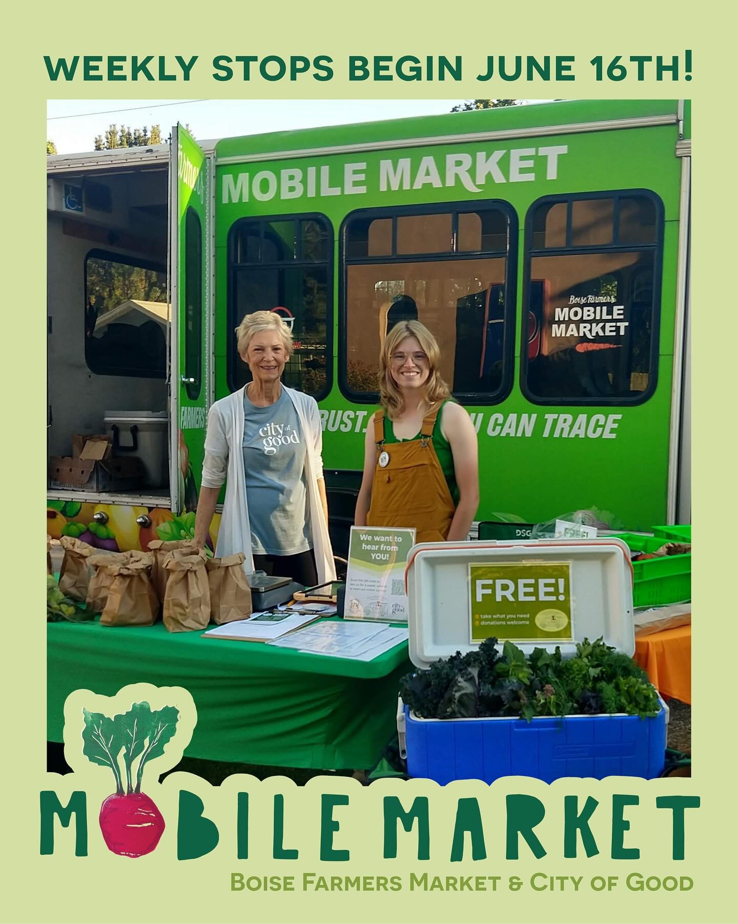 🫜The Mobile Market 2025 season begins next Monday!🫜 This program is a partnership between the @boisefarmersmarket and City of Good to provide radical access to fresh, local produce for our neighbors. Our electric van provides a farmers market on wh
