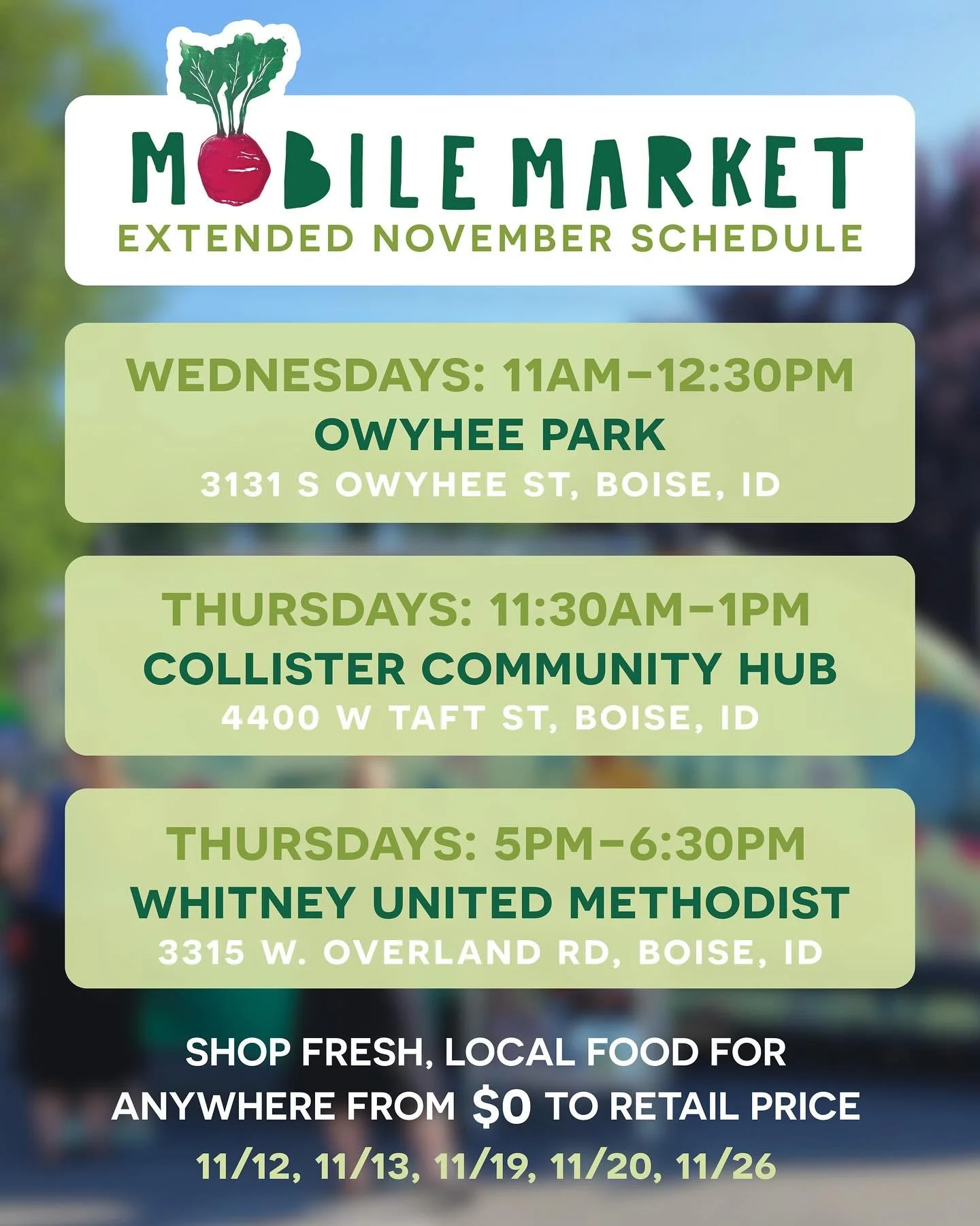 The Mobile Market is back on the road starting tomorrow through November! Shop for fresh, locally sourced food at any of our 3 neighborhood stops for the price YOU choose, no questions asked. Along with our partners at @boisefarmersmarket we are brin
