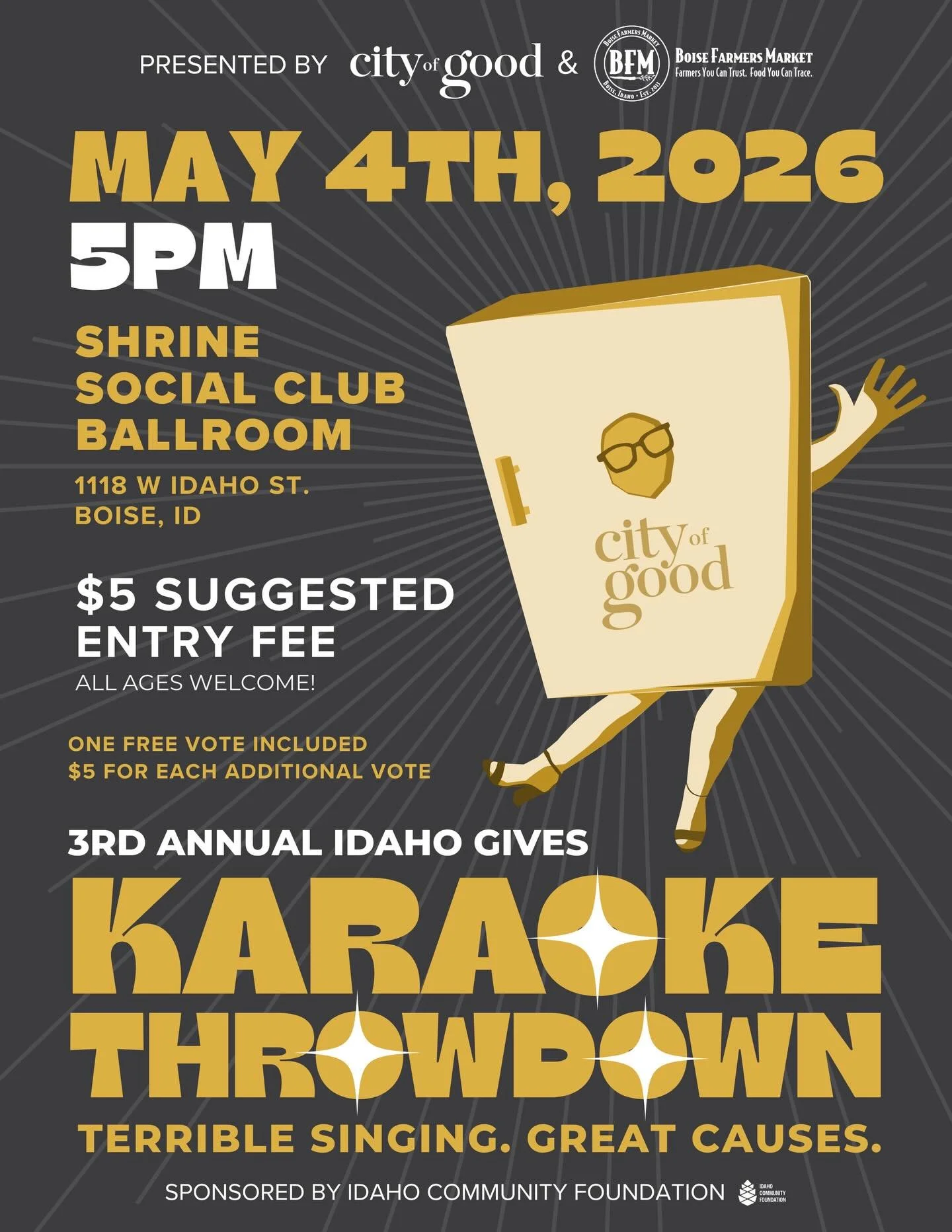 Join @citiesofgood &amp; @boisefarmersmarket for our Third Annual Executive Director Karaoke Throwdown to celebrate the first day of Idaho Gives 2026! This evening full of fun, MCed by the one &amp; only @rocci_johnson , will feature performances by 