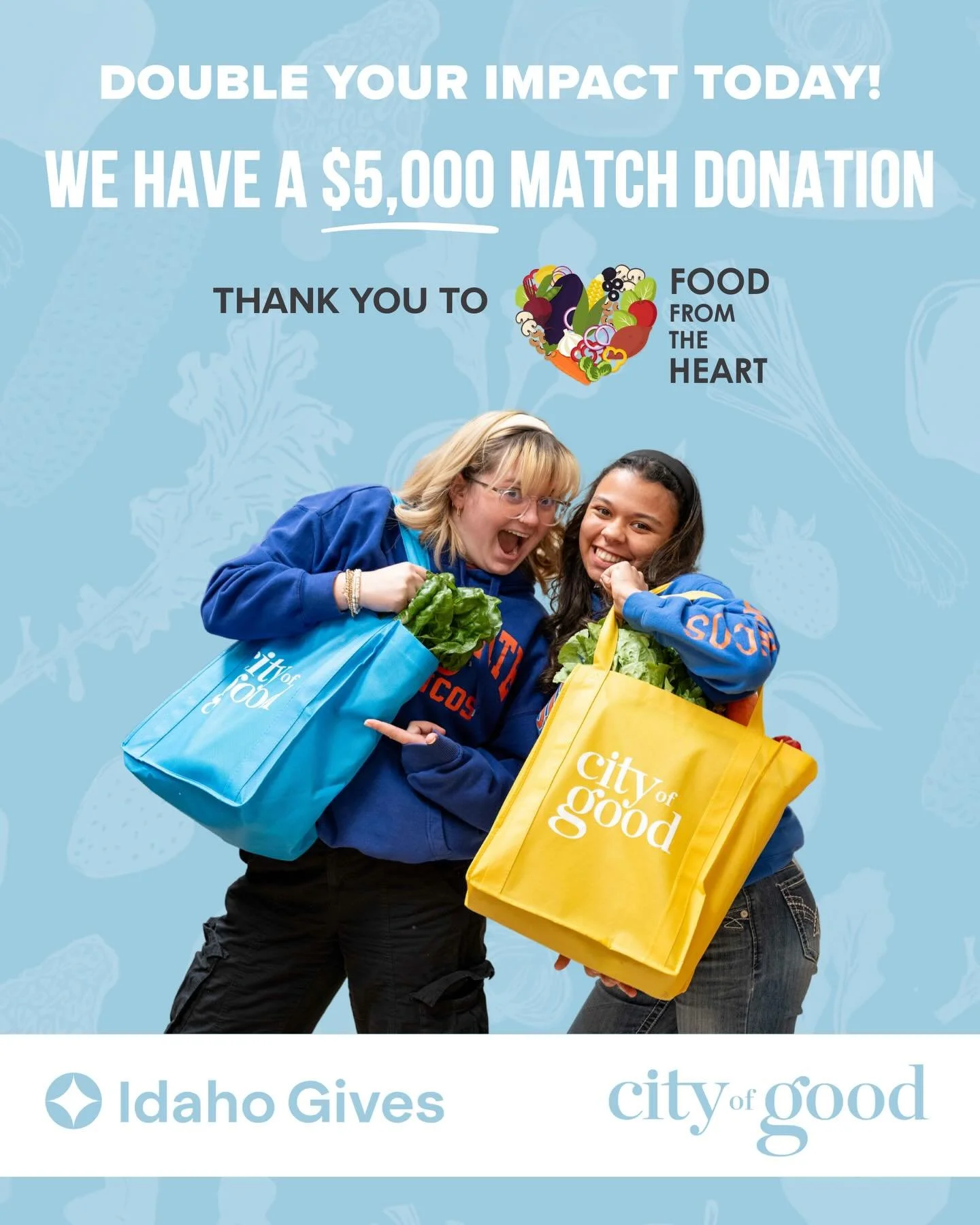 Happy Day 1 of Idaho Gives! We&rsquo;re kicking off the week with a $5,000 match donation from Food from the Heart! Every donation made to City of Good today will be matched dollar for dollar up to $5,000! Donate at the link in our bio!

Don&rsquo;t 