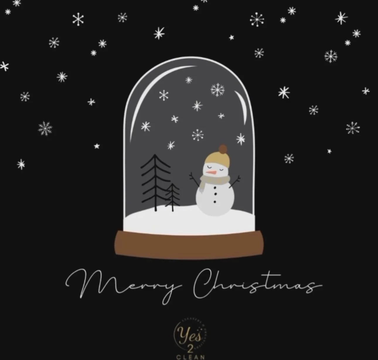 Christmas greeting card featuring a snow globe with a snowman, trees, and falling snow, with the text 'Merry Christmas' and a small 'Yes 2 Clean' logo.