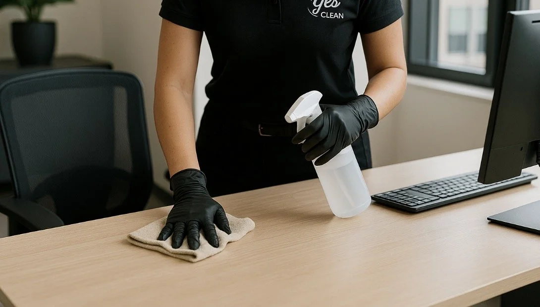 Person in black uniform and gloves cleaning a wooden desk with a spray bottle and cloth.