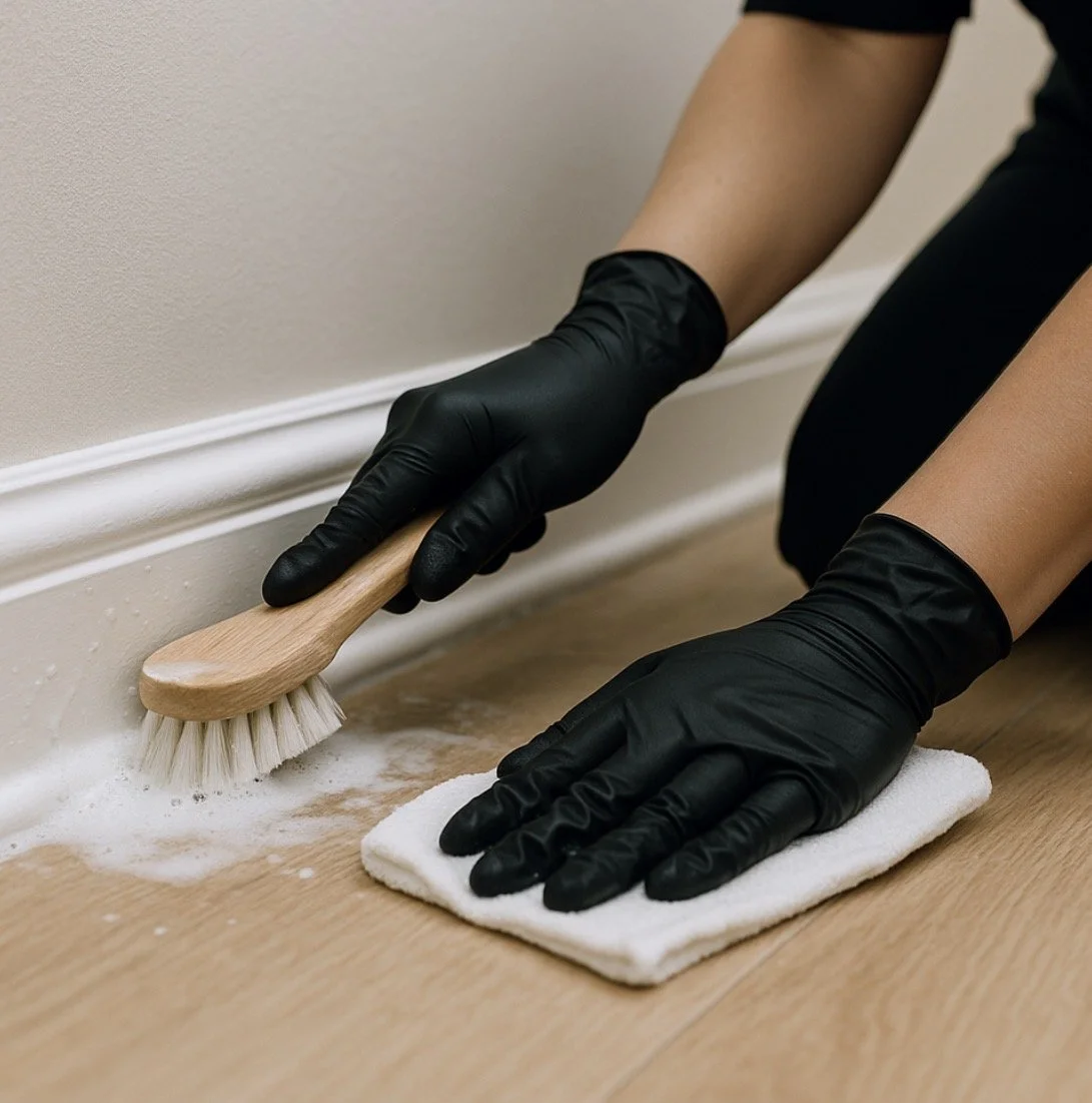 Person cleaning the baseboard with a brush and cloth while wearing black gloves.