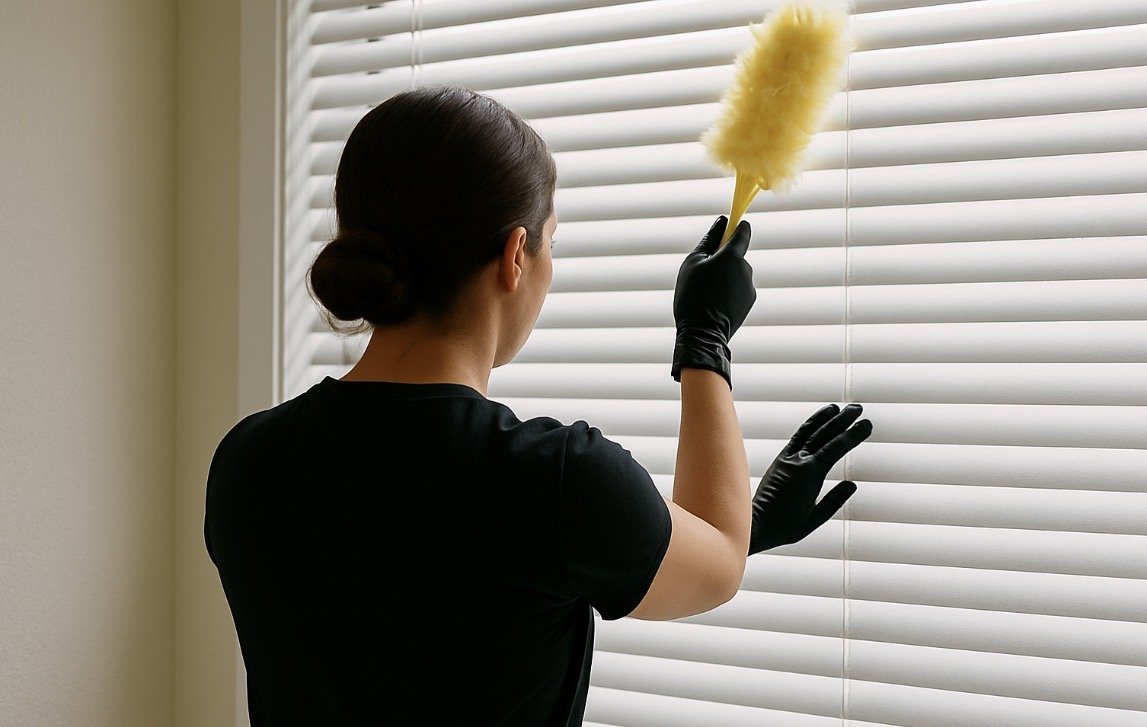 A woman cleaning window blinds with a duster, wearing black gloves.