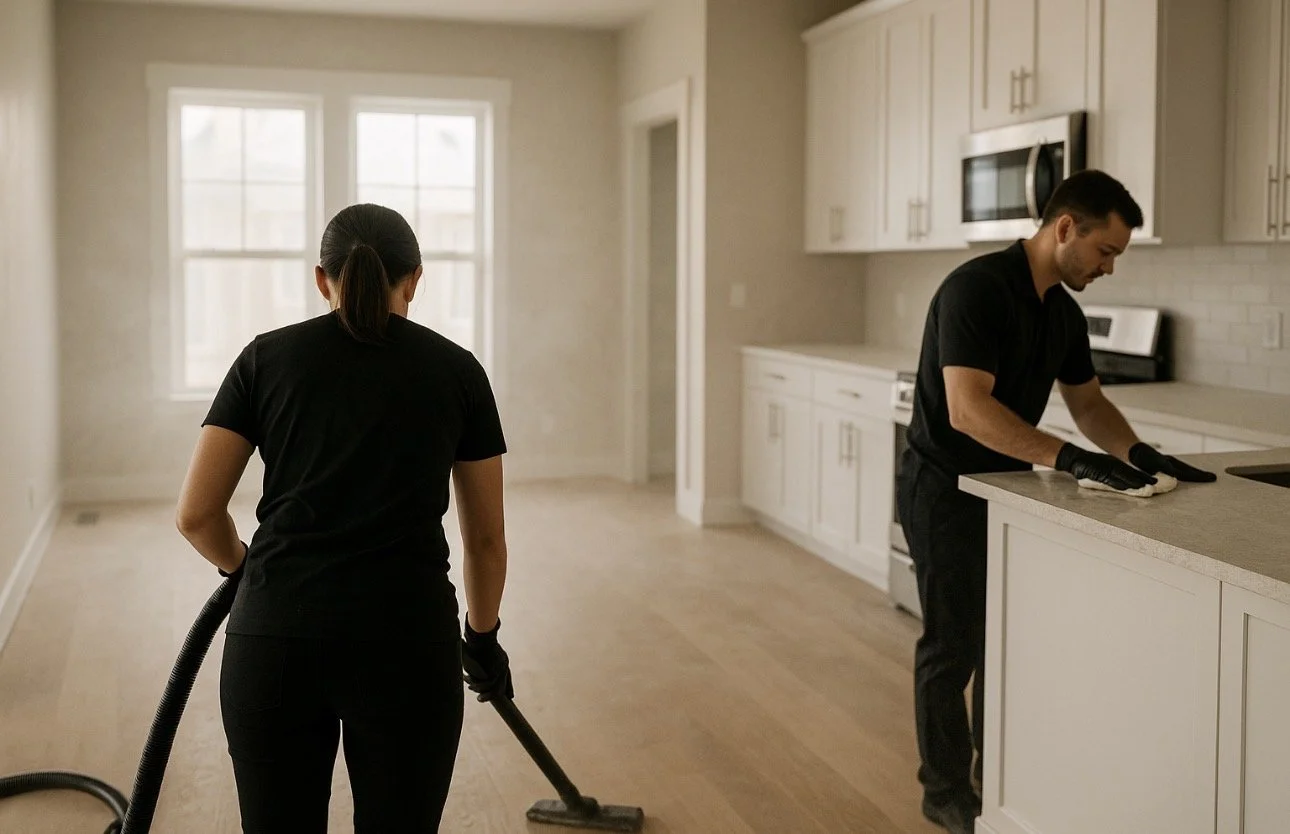 Two people cleaning a kitchen with vacuum and cloths in a bright, empty room with white cabinets and hardwood floors.