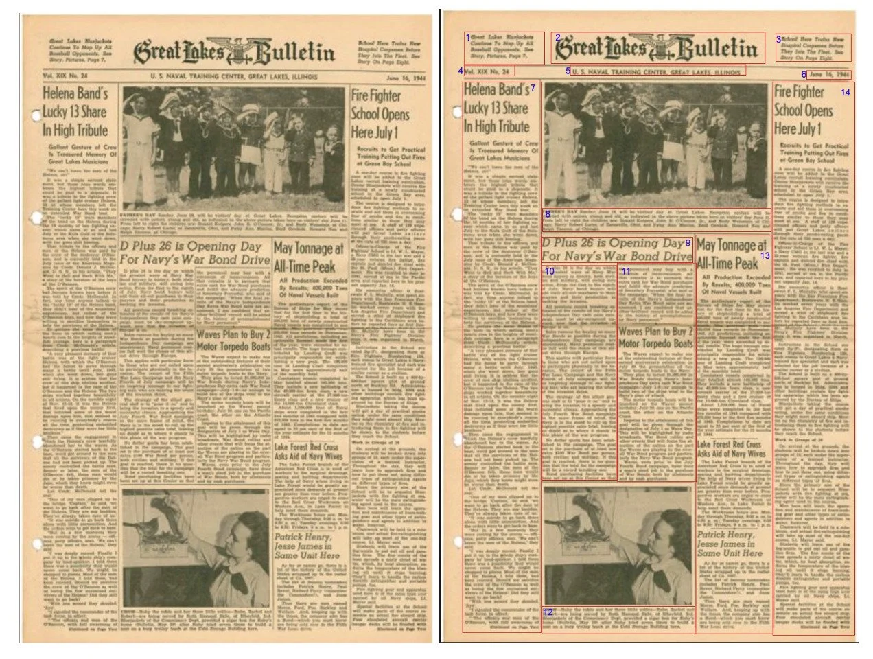 Boxing demo showing boxing on the “Great Lakes Bulletin”, an old naval newspaper. Boxes are numbered 1-14 to demonstrate what order the model should read the groupings of text in.