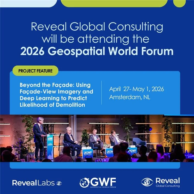Announcement about the 2026 Geospatial World Forum attended by Reveal Global Consulting, featuring a panel discussion at the event in Amsterdam, NL, from April 27 to May 1, 2026.