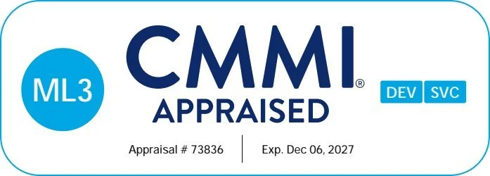 CMMI appraised badge with ML3 level, DEV and SVC designations, appraisal number 73836, expiration date December 6, 2027.