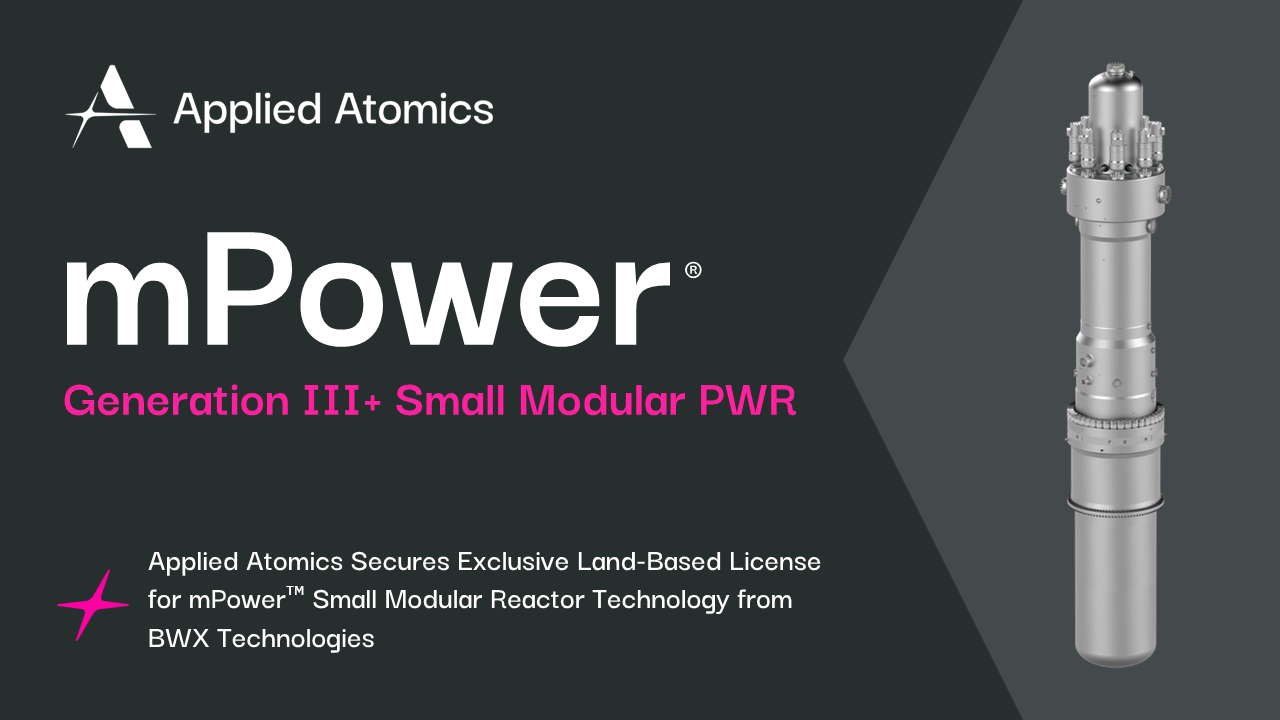 graphic showing the mPower reactor, a hexagon shape, Applied Atomics logo and title of the article