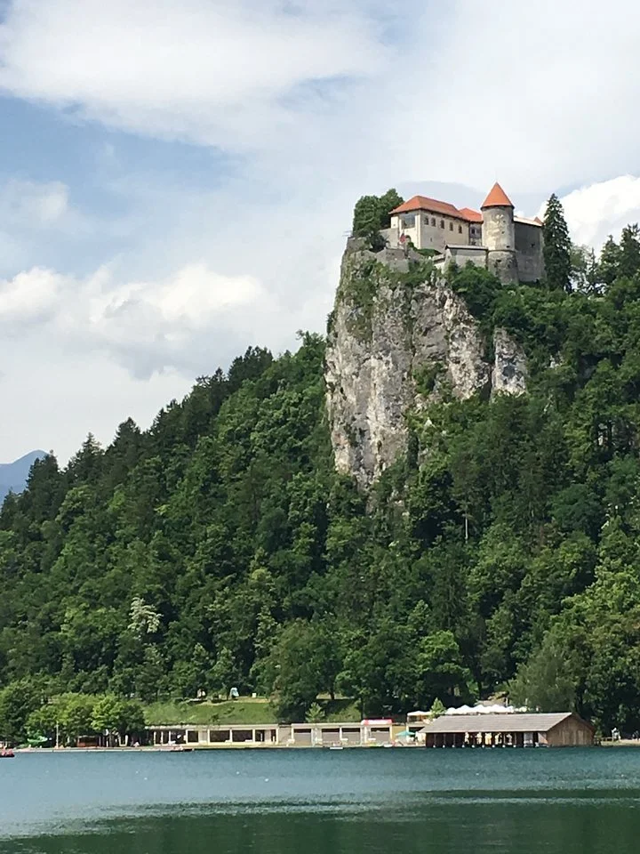 A castle perched on top of a tall rocky hill surrounded by dense green forest, overlooking a lake with a small structure at the lake's edge.