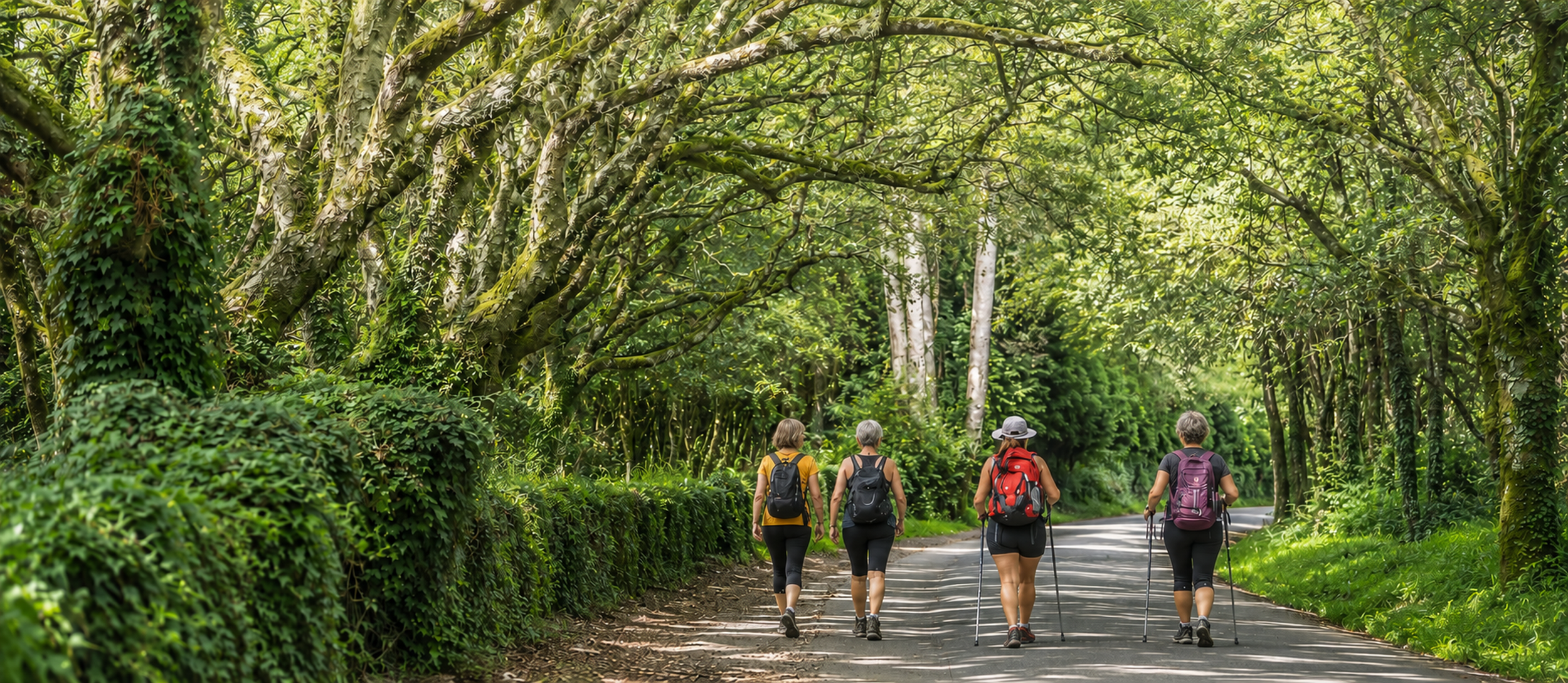 Camino vast landscape of rolling hills and fields with a gravel road running through the center. A cyclist is riding along the road, and the fields are in various shades of green, yellow, and brown with some trees and patches of colorful wildflowers.