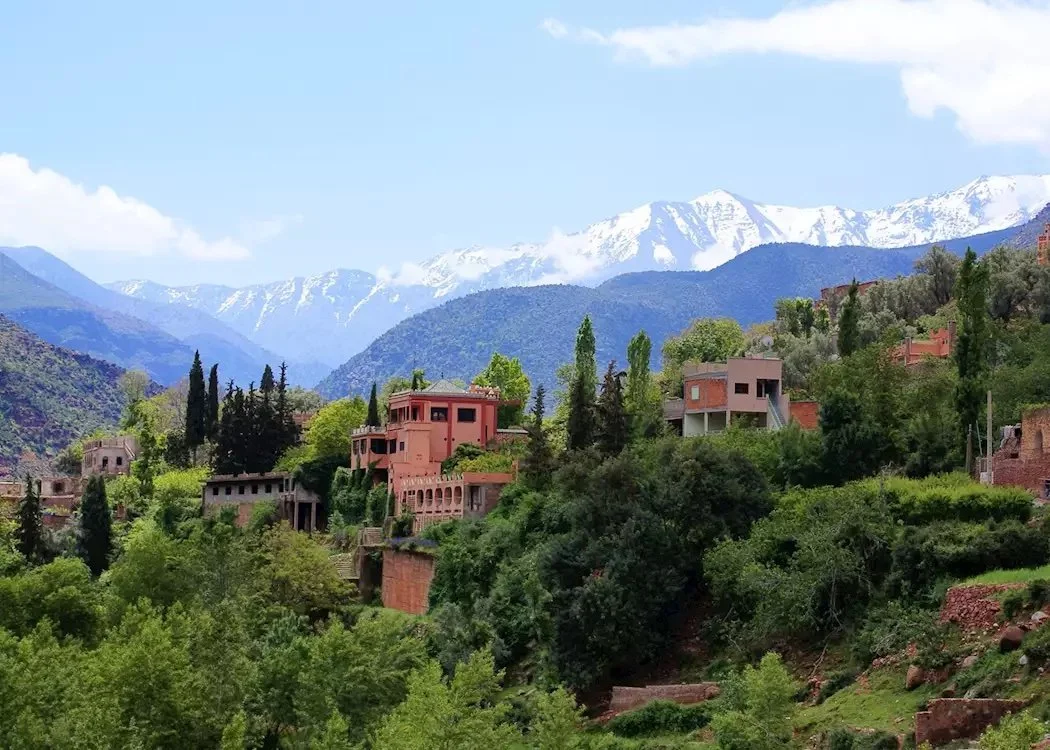 Mountain landscape with snow-capped peaks, green forested hills, and houses on the hillside.