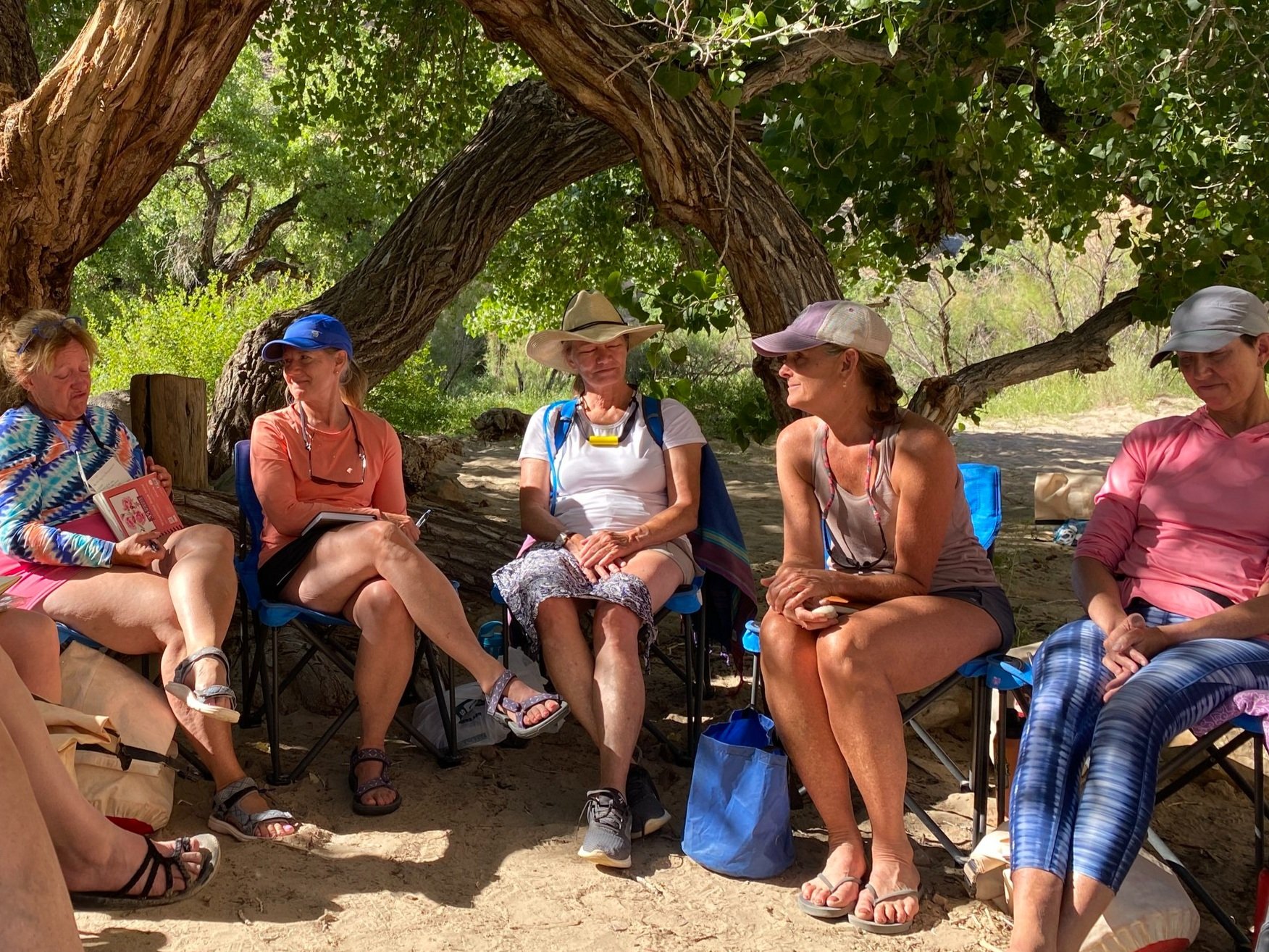 Five women sitting and talking on foldable chairs outdoors under a large tree with green foliage, some holding notebooks or books, wearing casual summer clothes, hats, and sunglasses.