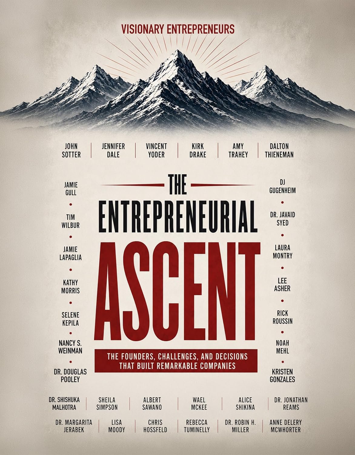Poster featuring a mountain range with the title 'The Entrepreneurial Ascent' and the subtitle 'The founders, challenges, and decisions that built remarkable companies.' Names of speakers and panelists are listed around the poster.