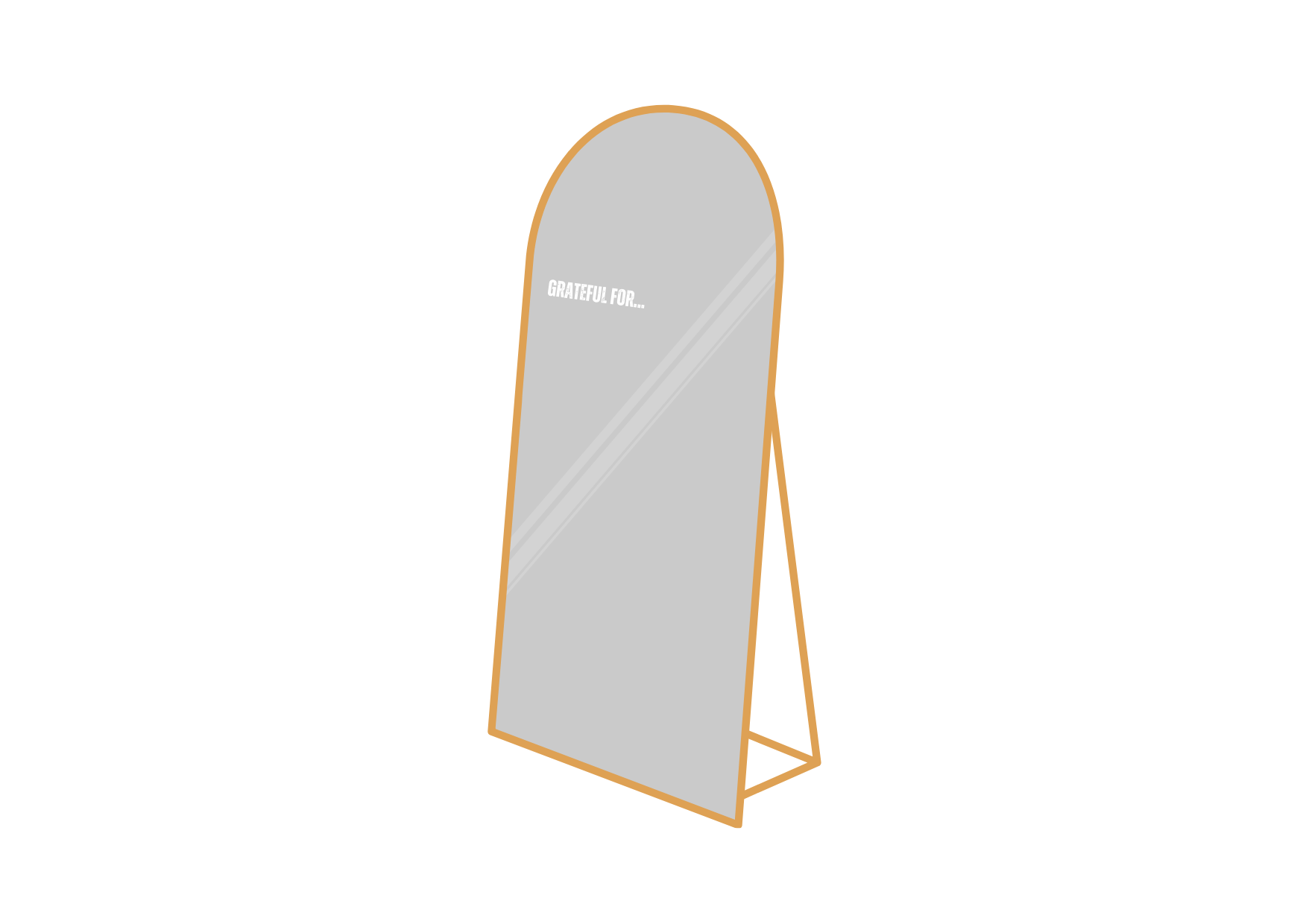 Illustration of an arched tabletop mirror with wooden frame and "Grateful for…" text.