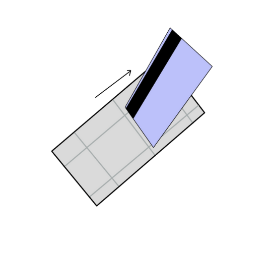 Illustration of a credit card being swiped in a card reader with an arrow indicating direction.