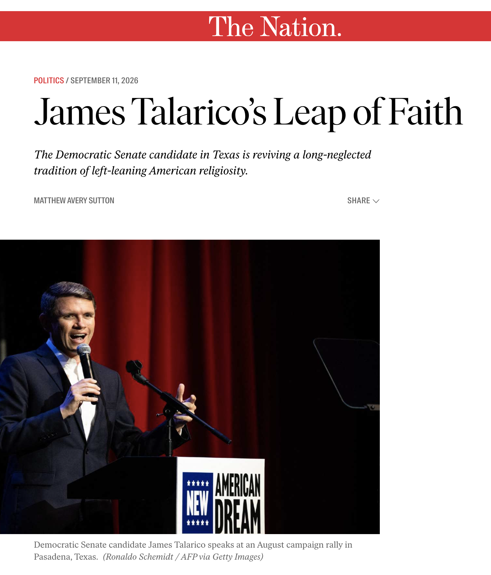 "James Talarico's Leap of Faith." The Nation, September 11, 2026. 