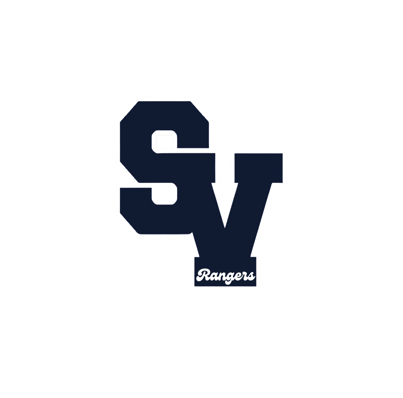 Logo with a large navy blue letter S connected to a navy blue letter V, with the word Rangers written underneath in white.