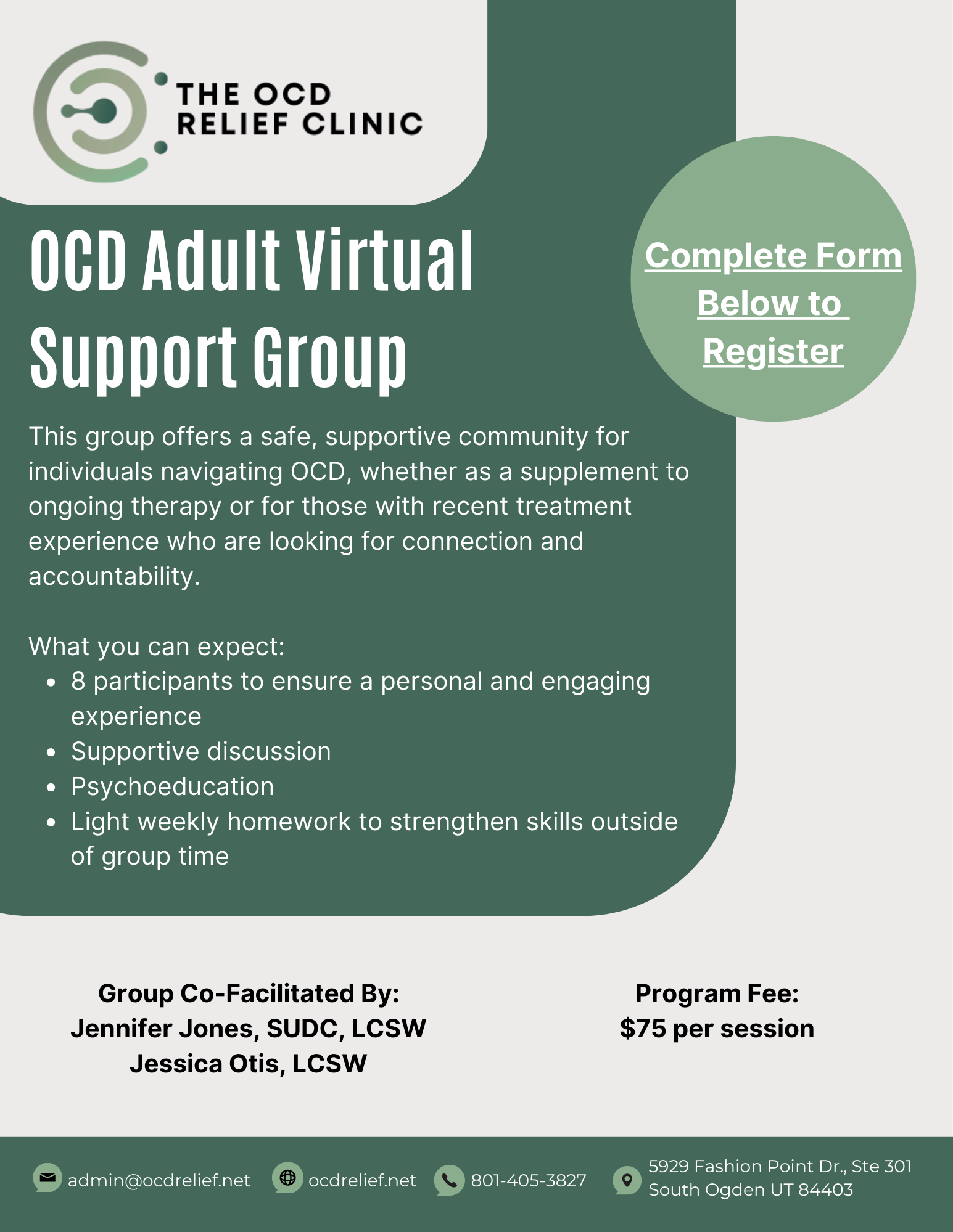 Flyer for The OCD Relief Clinic promoting an OCD adult virtual support group. Details include registration, group structure, facilitators, and contact info.
