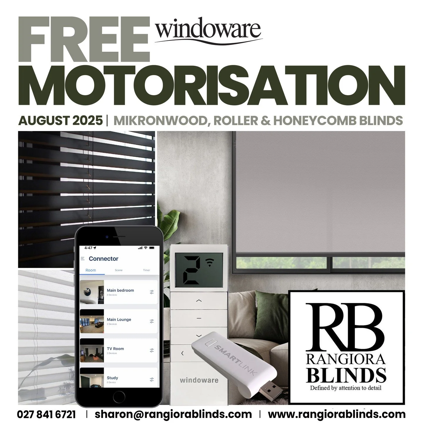 Sharon from Rangiora Blinds, here to look after you with a special offer just for August 2025. Get FREE motorisation on all roller, honeycomb, and Mikronwood blinds!

Easily control your blinds with a smartphone app, wall-mounted remote, easily insta