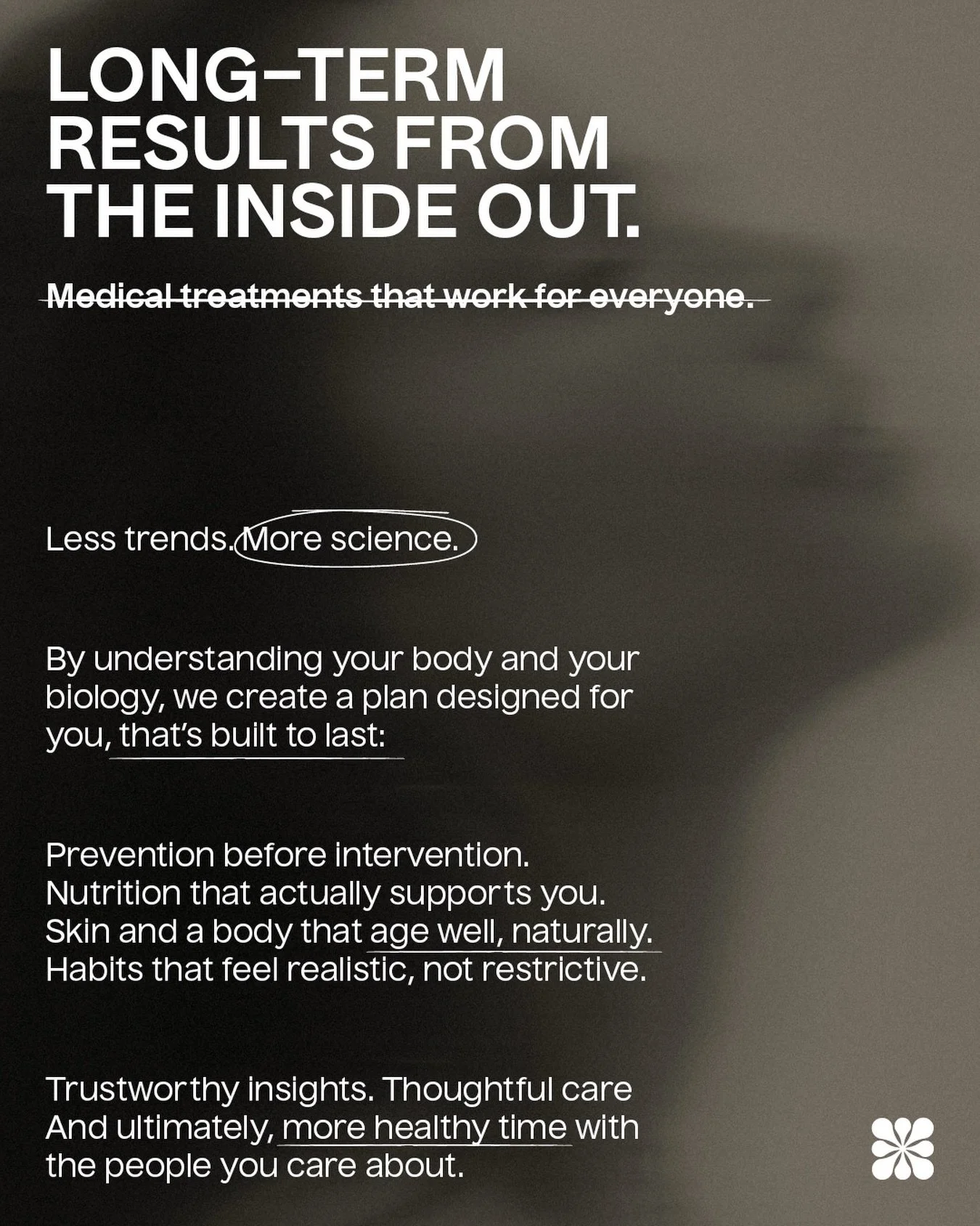 Long-term results start from within. 🌿🤍

By combining medical insight, advanced technology, and preventative care, we create personalized plans designed to support balance, resilience, and lasting results. 🩺

.

R&eacute;sultats durables, de l&rsq