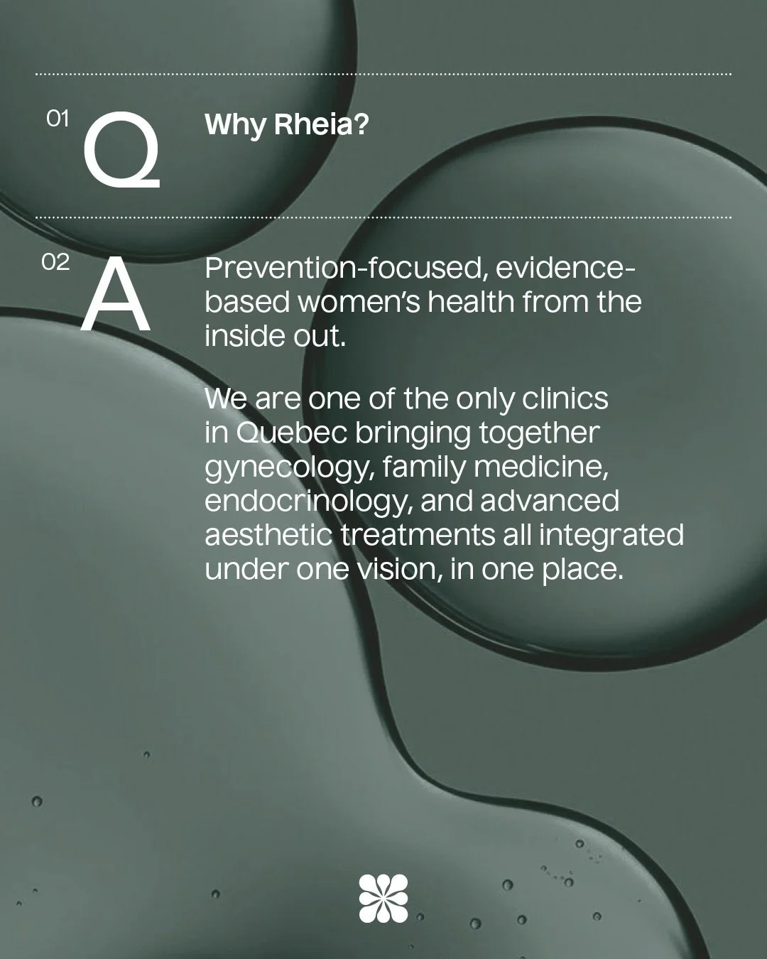 Most clinics focus on one concern at a time. 

At Rheia, we take a different approach. 

We are one of the only clinics in Quebec combining advanced aesthetic treatments with physician-led medical care bringing together skin, hormones, and overall he