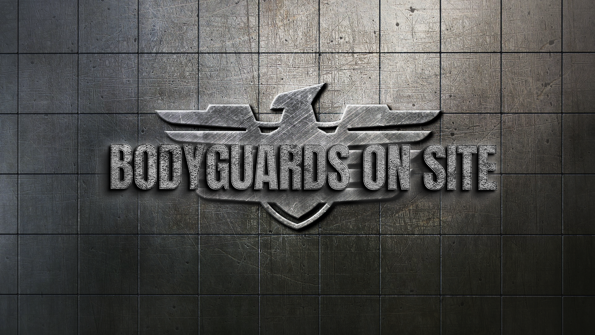Metal emblem with the text 'Bodyguards on Site' and a stylized eagle logo mounted on a grid-patterned wall.