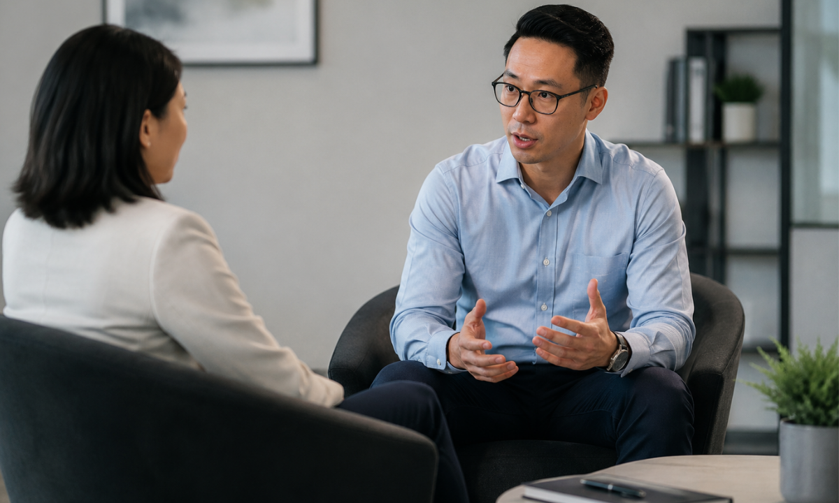 Manager and employee having a one-on-one workplace discussion about engagement, performance, and career development.