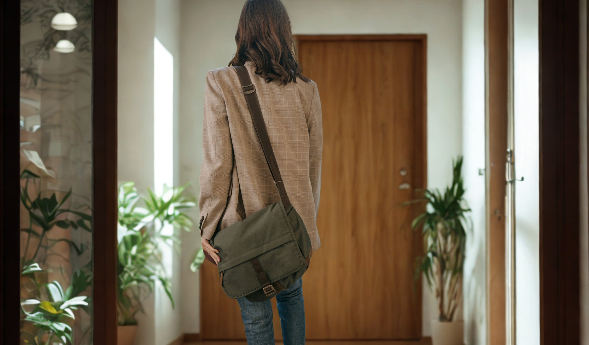 Person walking away from office door with bag, representing sales team attrition and pipeline risk