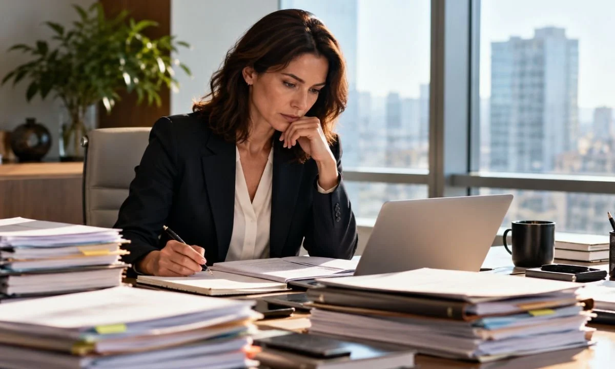 Female executive reviewing documents at a desk covered with stacks of paperwork in a modern office, illustrating the burden of accumulated responsibilities and organizational debt.