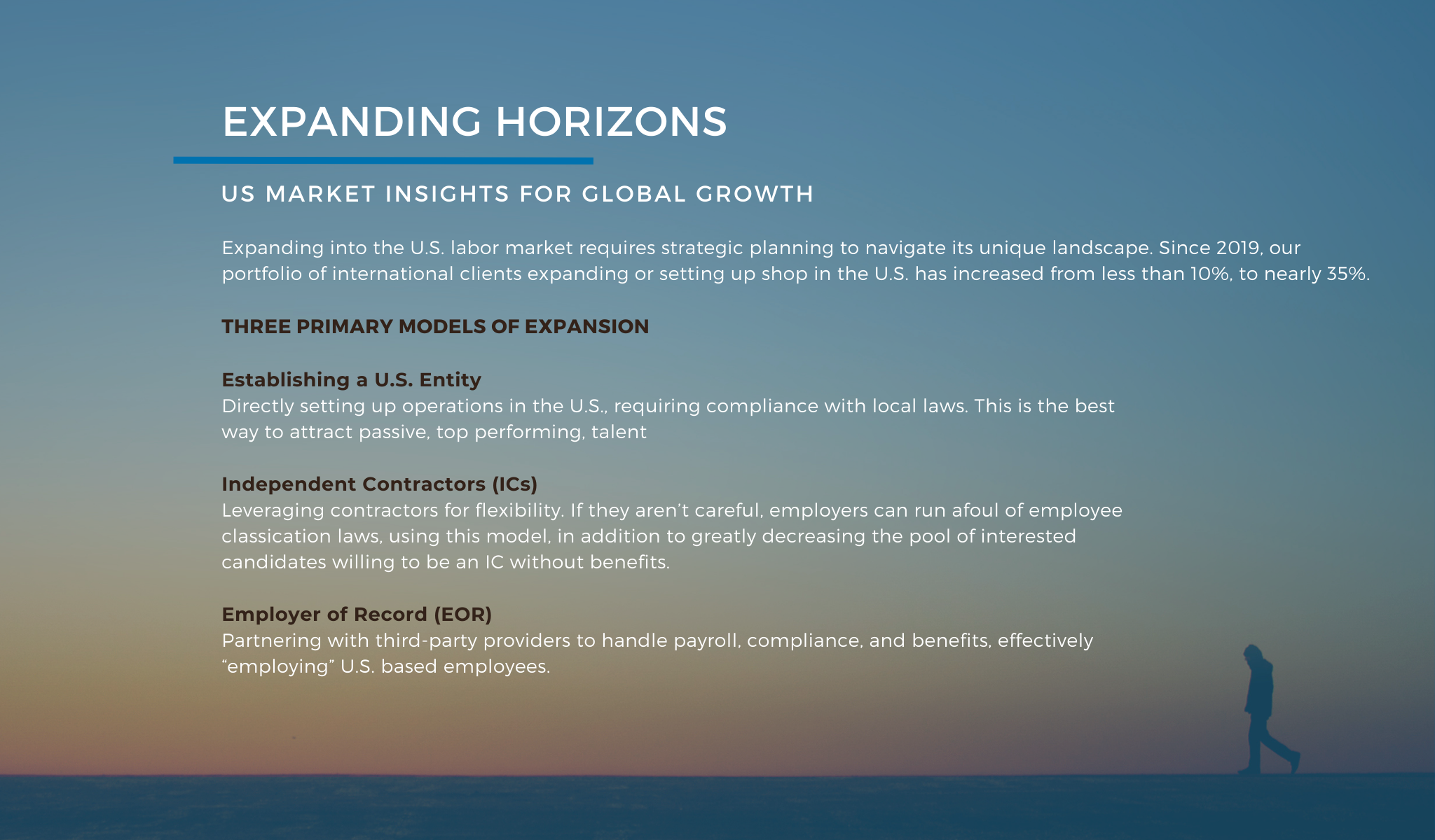 Infographic titled 'Expanding Horizons' with US market insights for global growth. It outlines three primary models of expansion for international clients: Establishing a U.S. Entity, hiring Independent Contractors, and using Employer of Record servi