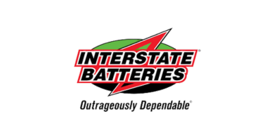Interstate Batteries logo with slogan "outrageously dependable."
