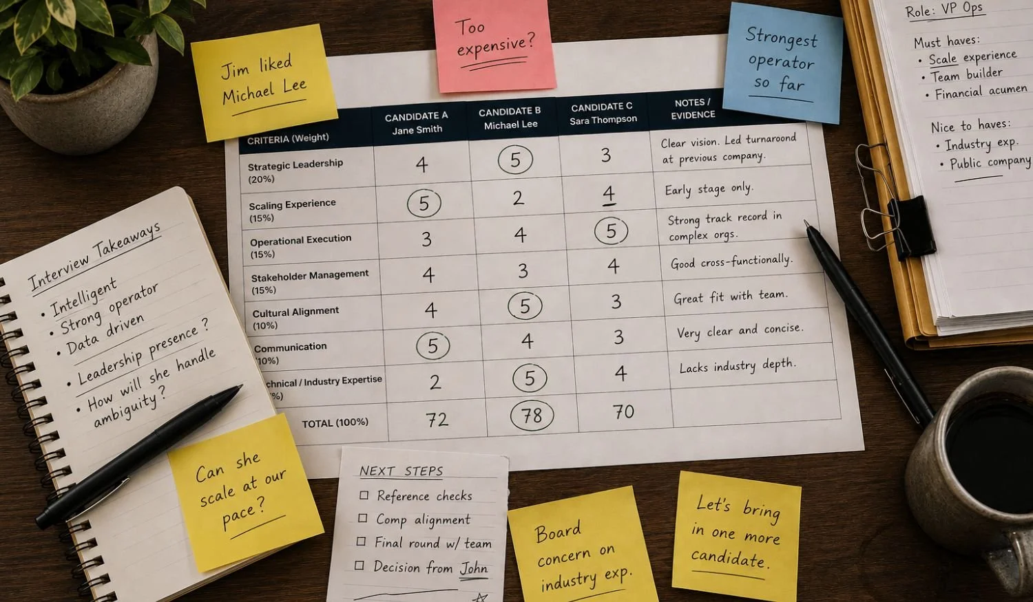 Candidate hiring score matrix with interview notes and stakeholder feedback illustrating how inconsistent hiring habits create fragmented decision-making.