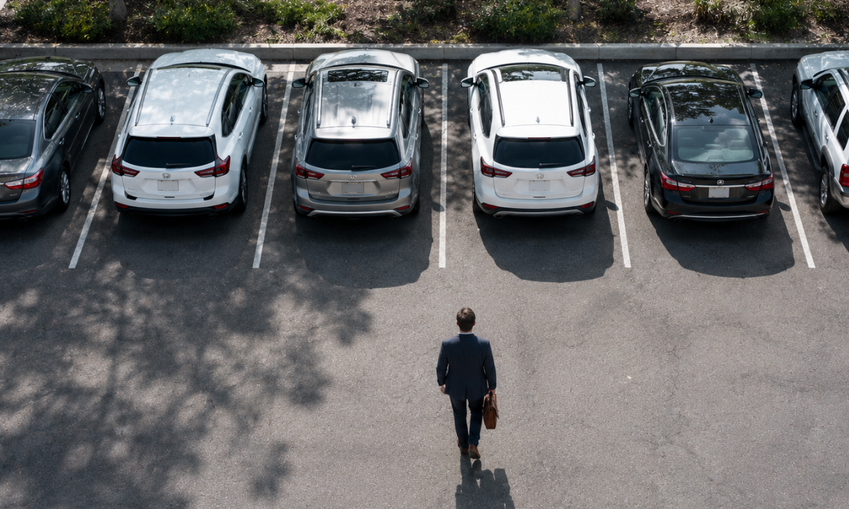 Business leader walking toward a row of similar parked cars, illustrating assumptions about organizational structure.