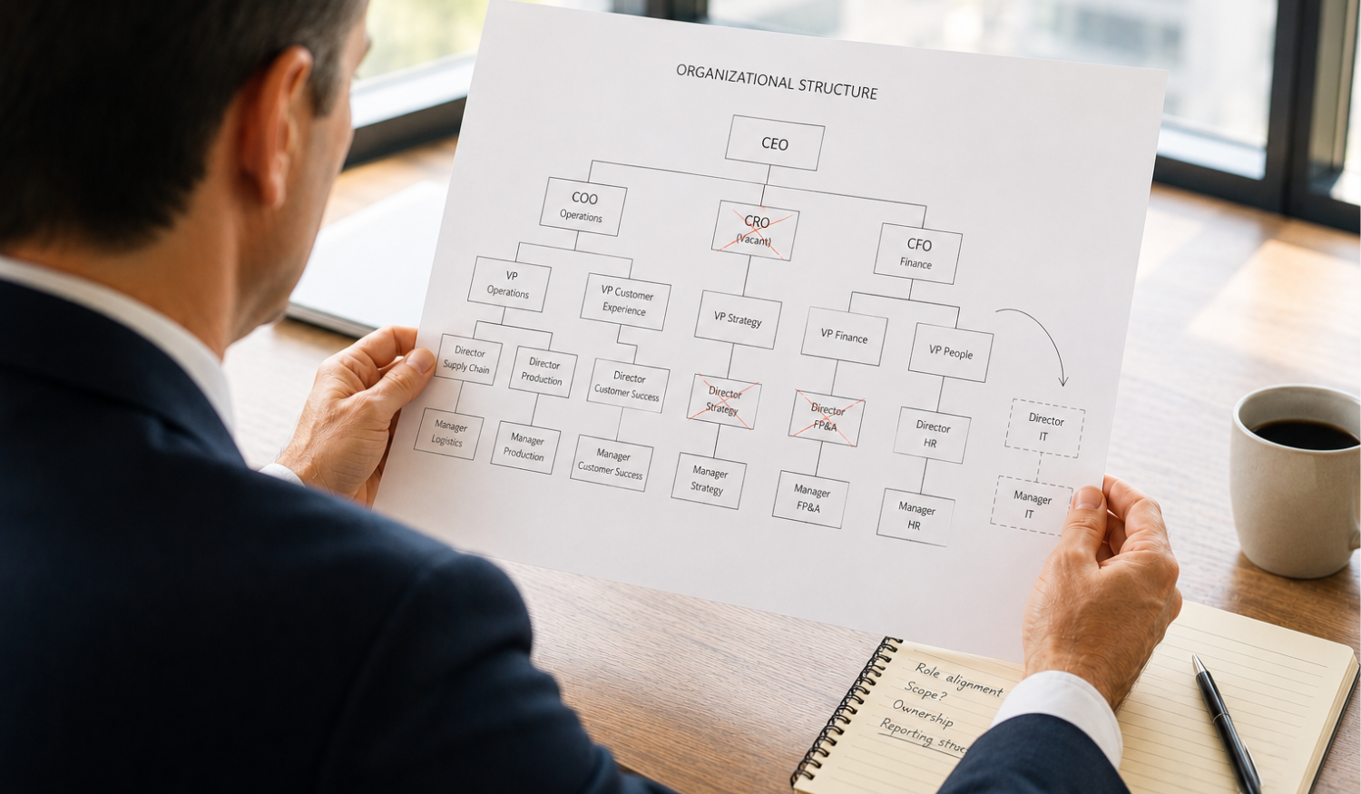 Business leader reviewing an organizational chart with vacant and evolving roles in a modern office