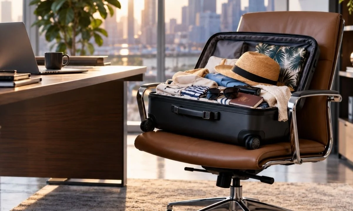 Packed suitcase with a straw hat, sunglasses and passport sitting on an empty office chair beside a desk and laptop, with a city skyline at sunset