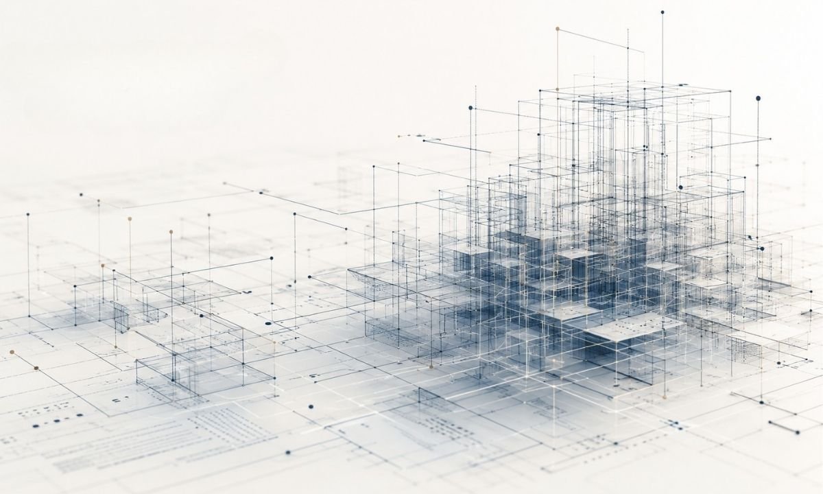 Abstract illustration showing increasing organizational complexity and interconnected structures as companies scale, representing the hidden friction that can slow execution.